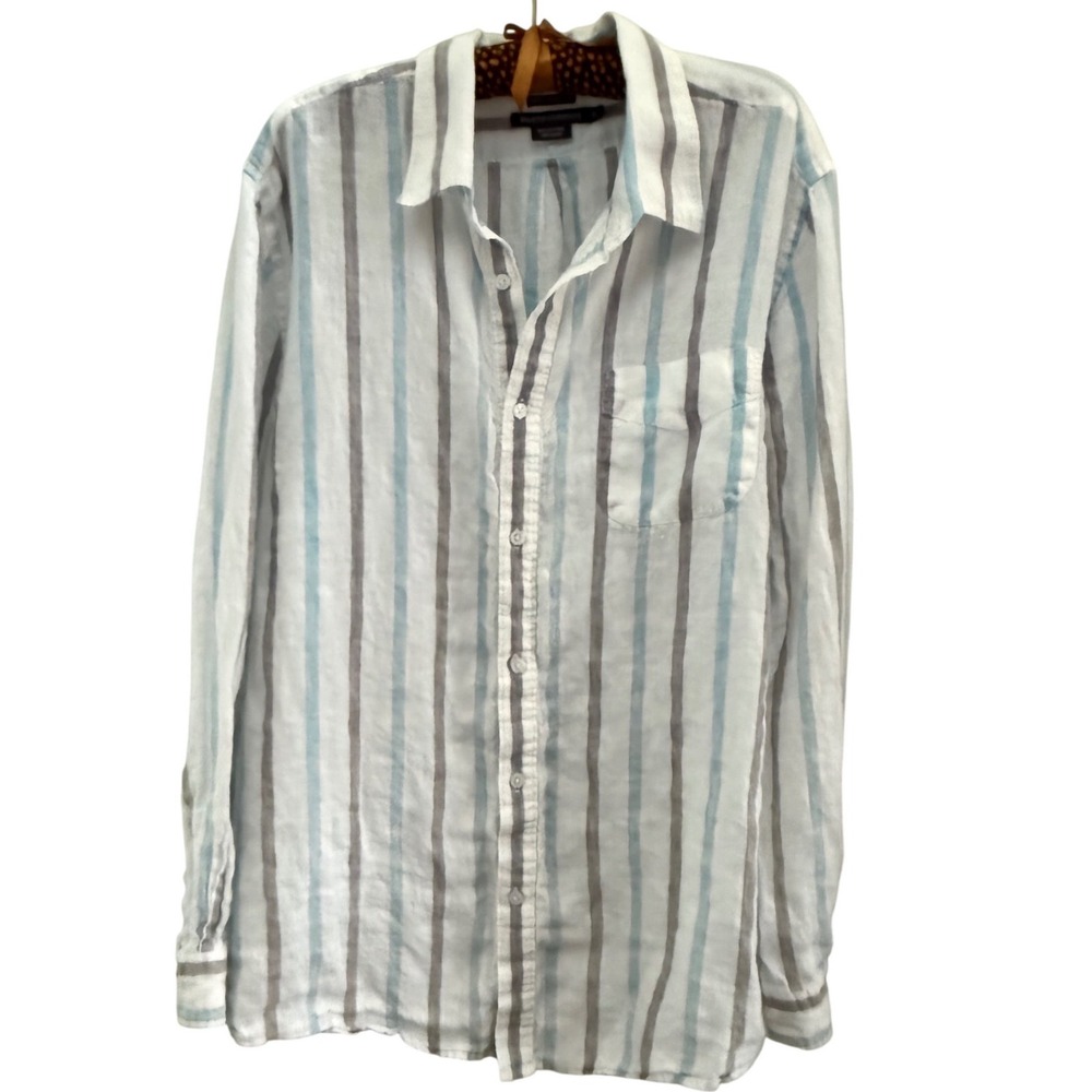 Island Company Mens XL Classic Striped Shirt 100% Linen Blue White Long Sleeve